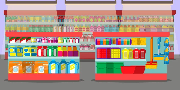 Supermarkt-Interieur mit unterschiedlichen Abschnitten. — Stockvektor