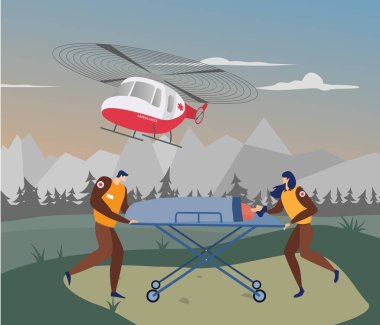 Uzak bölgeler için helikopter ambulans servisi, hastaneden uzakta tıbbi personel tarafından yapılan kurtarma operasyonunu gösteriyor.