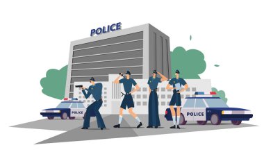 Polis departmanı üniformalı, arabalı ve manzaralı. Polis departmanında çalışıyor..