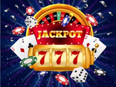 Kumar makineli afiş kazanan ikramiyeyi kazanır. Poker, kart, rulet ve piyango kazananlar için vektör illüstrasyonu.
