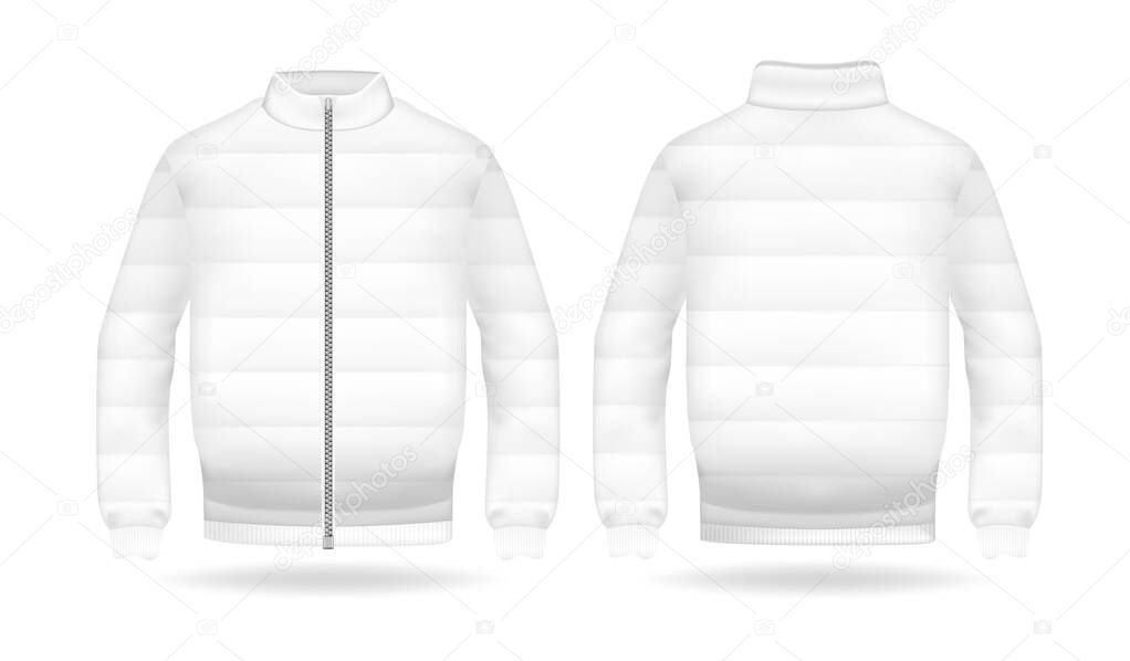 Realistic mockup of jacket or puffer coat. Mens and womens Jacket with long sleeves. Template warm apparel with zipping. Front and back view