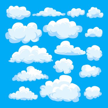 Set of different cartoon clouds isolated on blue sky.