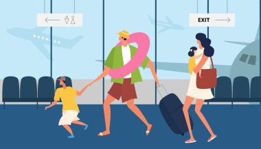 People in the airport duty free zone, rest before boarding on the plane. Family travel.