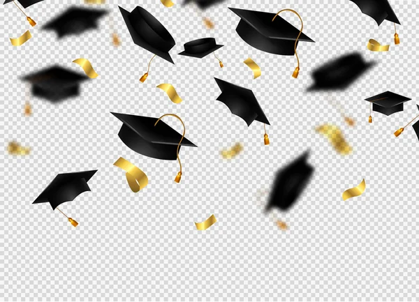Afstudeercaps vliegen met confetti. Academische hoeden in de lucht met gouden linten. — Stockvector