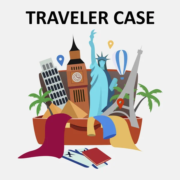 Traveler case. Tourist open case suitcase full of travel things objects elements icons. — 图库矢量图片