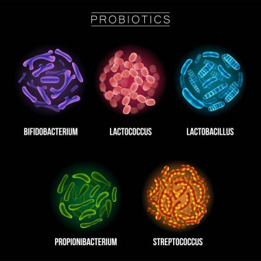 Probiotics. Good bacteria and microorganisms for human health. Microscopic probiotics, good bacterial flora. clipart