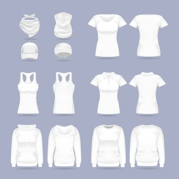 Pusta biała kolekcja kobiecych szablonów odzieży. Realistyczna makieta wektora — Wektor stockowy