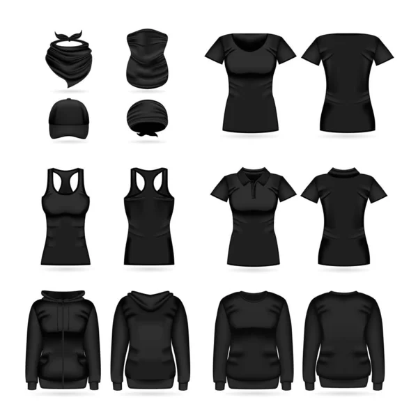 Pusta czarna kolekcja kobiecych szablonów odzieży. Realistyczna makieta wektora — Wektor stockowy