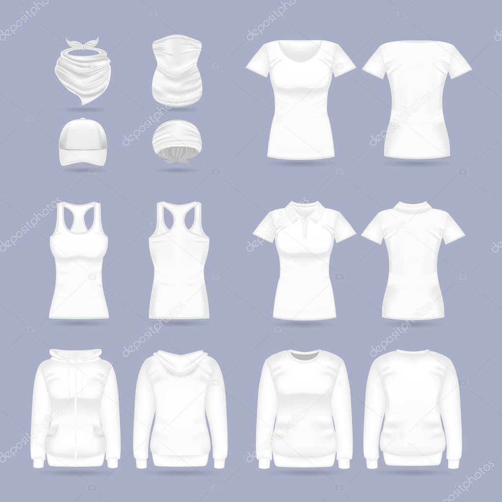 Blank white collection of womens clothing templates. Realistic vector mock up