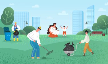 İnsanlar ve gönüllüler parkı temizler, çöpleri kullanır, plastik şişeleri sınıflandırır. Ekoloji ve işbirliği kavramı