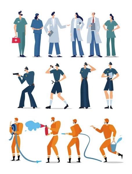 Представники різних екстрених професій, персонажі плоского стилю поліція, пожежники та працівники швидкої допомоги — стоковий вектор