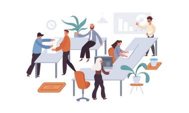 Modern ofis alanı çalışma sürecini, işçiler arasındaki işbirliğini gösteriyor. Bir grup ofis çalışanı masalarında oturuyor ve birbirleriyle iletişim kuruyor ya da konuşuyorlar..
