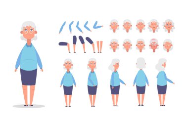 Elderly woman character constructor for animation with various views poses gestures hairstyles and emotions. Cartoon