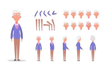 Elderly man character constructor for animation with various views poses gestures hairstyles and emotions. Cartoon