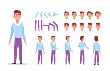 Man character constructor for animation with various views, poses, gestures, hairstyles and emotions. Cartoon young man