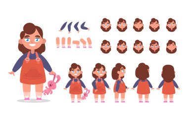 Little girl character constructor for animation with various views, poses gestures, hairstyles and emotions. Cartoon Kid