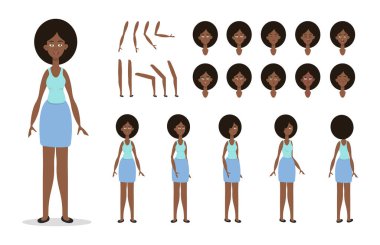 Woman character constructor for animation with various views, poses, emotions. Cartoon African American woman