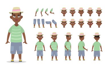 African American boy character constructor for animation with various views, poses, gestures, emotions. Cartoon Kid boy