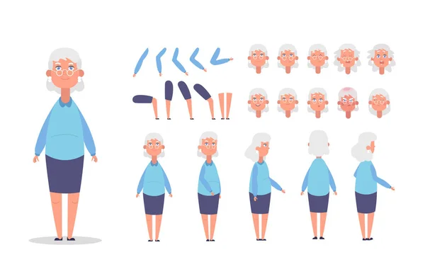 Elderly woman character constructor for animation with various views poses gestures hairstyles and emotions. Cartoon — Stok Vektör