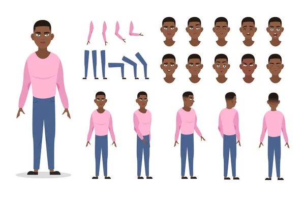 Constructeur de personnage d'homme pour l'animation avec différentes vues, poses, gestes, émotions. Dessin animé homme afro-américain — Image vectorielle