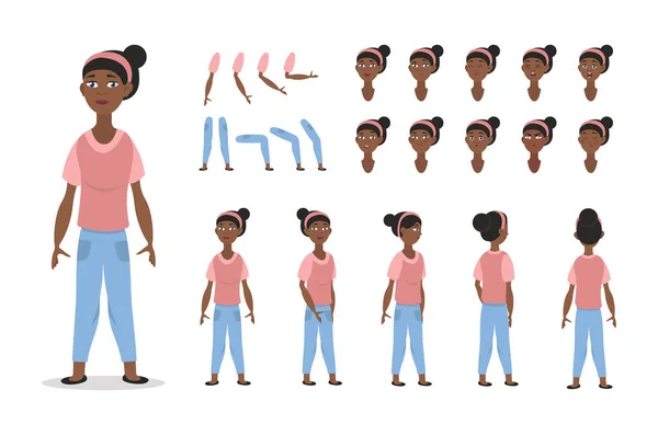 Chica afroamericana personaje constructor de animación con varias vistas, poses, gestos, peinados y emociones . — Archivo Imágenes Vectoriales