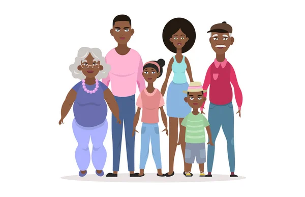 Feliz retrato familiar afroamericano. Gente vectorial. Padre, madre, abuela, abuelo e hijos . — Vector de stock