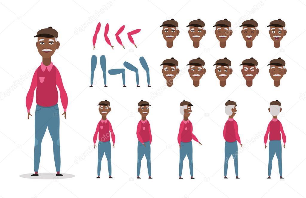 Elderly African American man character constructor for animation with various views, poses, gestures, emotions