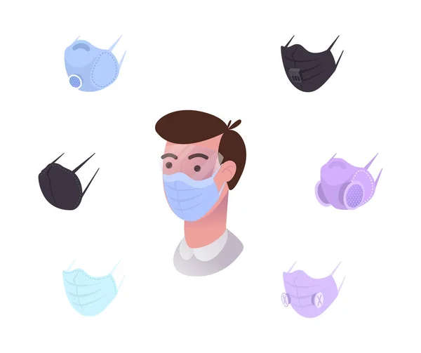 Safety breathing masks. Medical respiratory mask. Man wearing medical virus mask protection, Covid-19, Flu, PM 2.5 — Stock Vector
