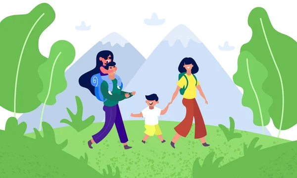 Ευτυχισμένη οικογενειακή φύση πεζοπορίας. Πατέρας, μητέρα και παιδιά ταξιδεύουν στο ορεινό τοπίο.. — Διανυσματικό Αρχείο