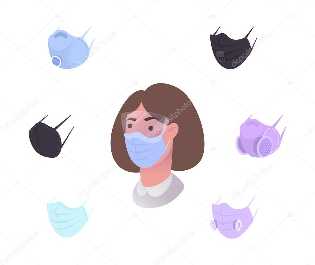 Safety breathing masks. Medical respiratory mask. Woman wearing medical virus mask protection, Covid-19, Flu, PM 2.5