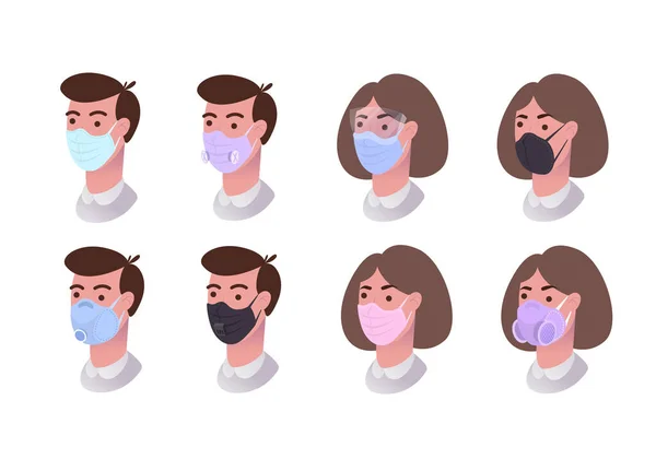 Безопасные дыхательные маски. Медицинская респираторная маска. люди в медицинских противовирусных масках, Ковид-19, Грипп, РМ 2.5 Стоковая Иллюстрация