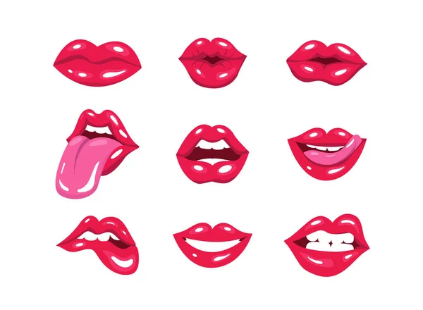 Een set sexy rode pop art lippen. Vrouwen lippen uiten verschillende emoties, kussen, half open mond, zoals glimlach — Stockvector