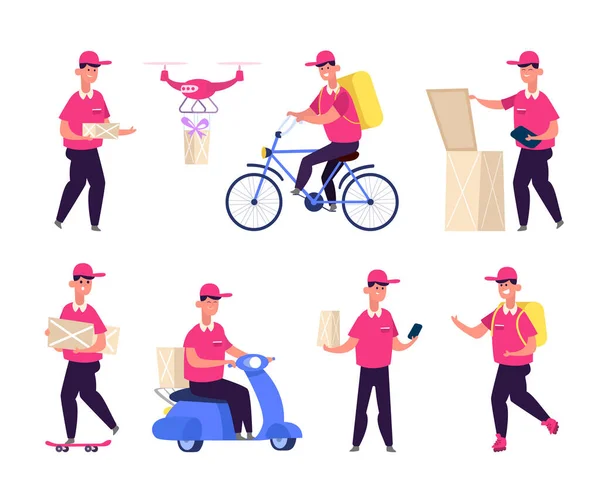 Serviço de entregas de comida. Um mensageiro numa scooter. Carteiro de bicicleta. Trabalhadores diferentes do serviço de entrega . — Vetor de Stock