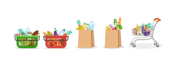 Taška na jídlo. Košík a papírový sáček s potravinovou sadou ze supermarketu. — Stockový vektor