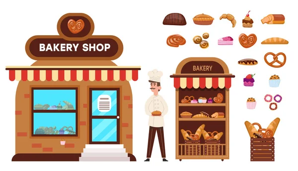 Fırın seti. Şekerlemeciler çörek, ekmekler, çörekler, krakerler satıyor.. — Stok Vektör