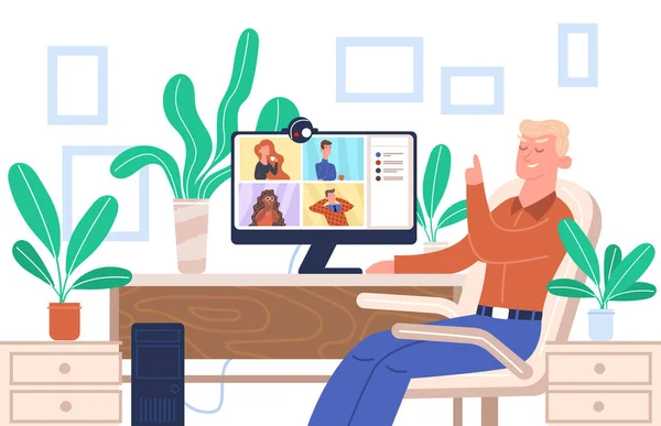 Conferencia en línea sentarse en casa. Ilustración web comunicación chico charlando amigos . — Vector de stock