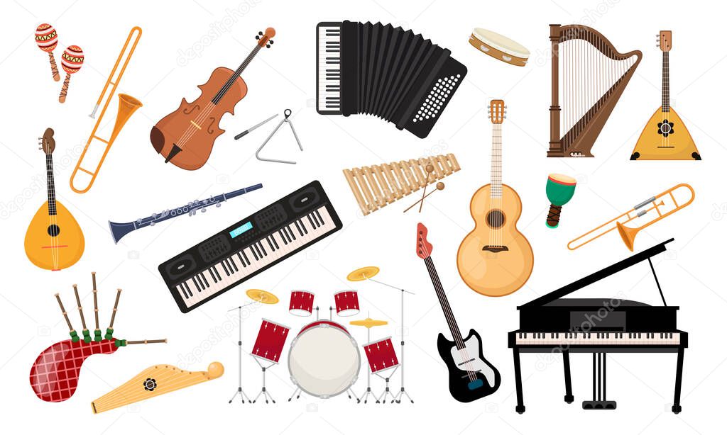 Musical instruments set. Folk classical musical equipment violin, bagpipe harp synthesizer.