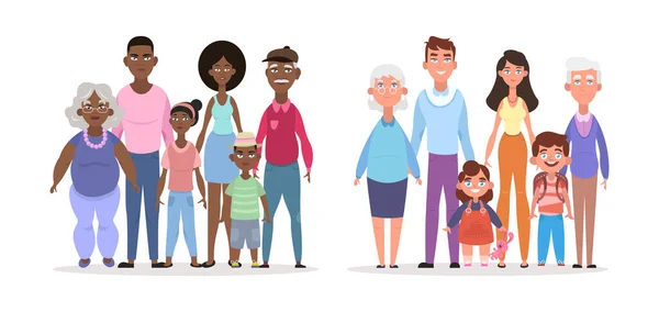 Αφροαμερικανική ευρωπαϊκή οικογένεια. Χαμογελαστοί γονείς ηλικιωμένος παππούς γιαγιά νεαρός πατέρας μητέρα παιδιά. — Διανυσματικό Αρχείο