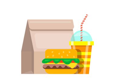 Kağıt torba öğle yemeği fast food. Poşet yiyecek sulu taze hamburger çizgili cam soda..