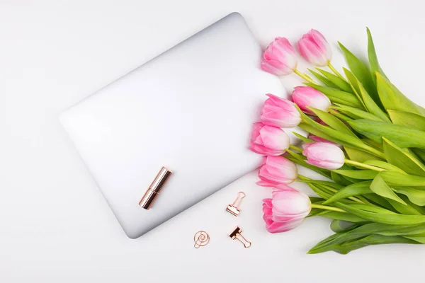 Women home office concept. Top view workspace with tulips flower — Stock Photo, Image