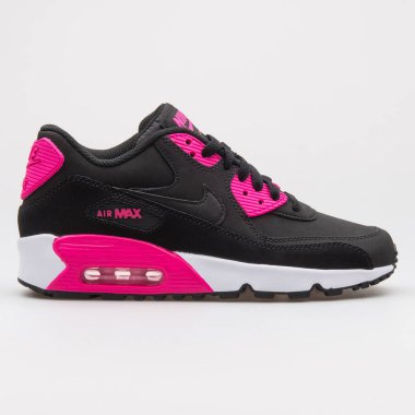 VIENNA, AUSTRIA - 22 Ağustos 2017: Nike Air Max 90 Deri, beyaz arka planda pembe ve beyaz spor ayakkabı.