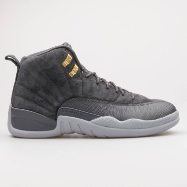 VIENNA, AUSTRIA - 24 Ağustos 2017: Nike Air Jordan 12 Retro koyu gri spor ayakkabılı beyaz arka plan.
