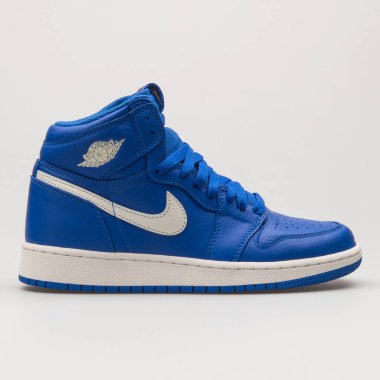 VIENNA, AUSTRIA - 14 Haziran 2018: Nike Air Jordan 1 Retro High OG blue and white sneakers on white background.