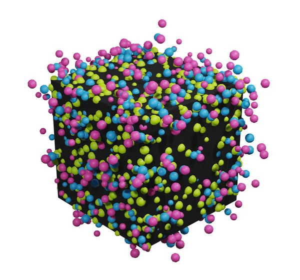 Üç boyutlu uçan siyah bir küpün rengarenk taşakları. Depresyondan kurtulmak için tatil kavramı beyaz arkaplanı izole etti.