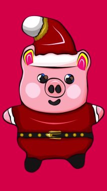 Dikey görüntüler sosyal medya. Komik karakter animasyonu. Pembe arkaplanı kopyala. Noel Baba domuzcuk şapkası sevinçten zıplıyor, kırmızı yanaklar ve göz kırpıyor. El çizimi dijital illüstrasyon video kavramı.