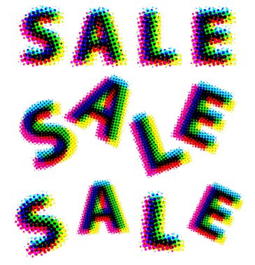 Reklam mağazası indirimleri için izole edilmiş kavramsal kelime seti yarım ton renkli gökkuşağı renkli büyük noktalar. 