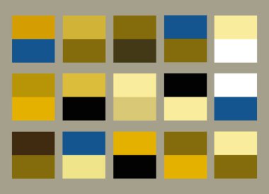 Parlak renk palet kılavuz çizim seti. Kavramsal siyah, beyaz, mavi, altın sarısı ve bej rengi palet kombinasyonları. İş dünyası, iç mekan, moda tasarımı için moda fikirleri.