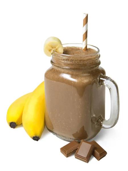 Batido Plátano Chocolate Frasco Vidrio Con Ingredientes Aislados Sobre Fondo —  Fotos de Stock