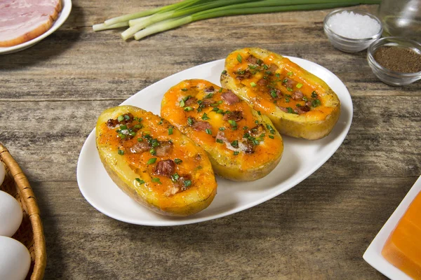 Potato Stuffed Ham Egg Baked Cheese Ingredients Rural Wooden Table — Stockfoto