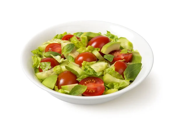 Salade Met Tomaat Avocado Komkommer Sla Basilicum Een Witte Kom — Stockfoto